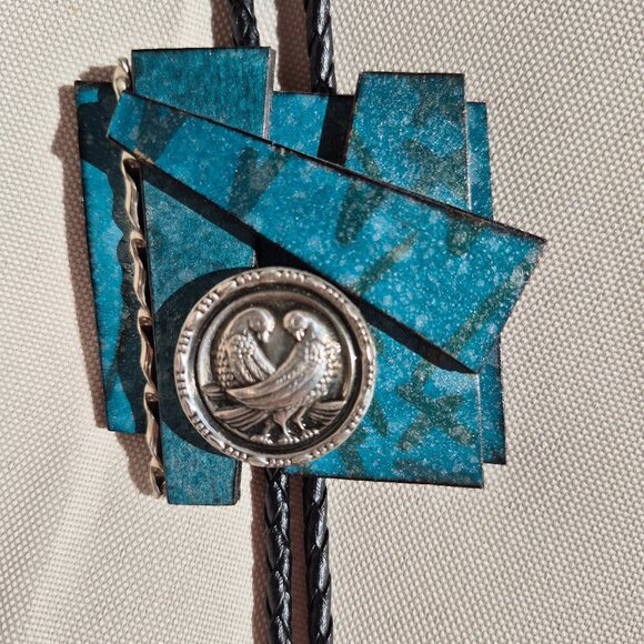 Handmade Geometric Shape Bolo Tie with Double Dove Bird Medallion - Picture 8 of 16